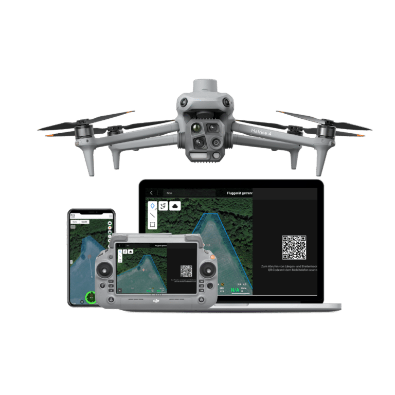 Abbildung eines Mockups der POISuite. Unterhalb einer DJI Matrice 4T in Frontansicht sind ein Smartphone, ein Laptop und ein DJI RC Plus 2 Enterprise Controller als Gruppe abgebildet. Auf den Geräten ist jeweils ein Bestandteil des POISuite-Softwarepakets geöffnet.