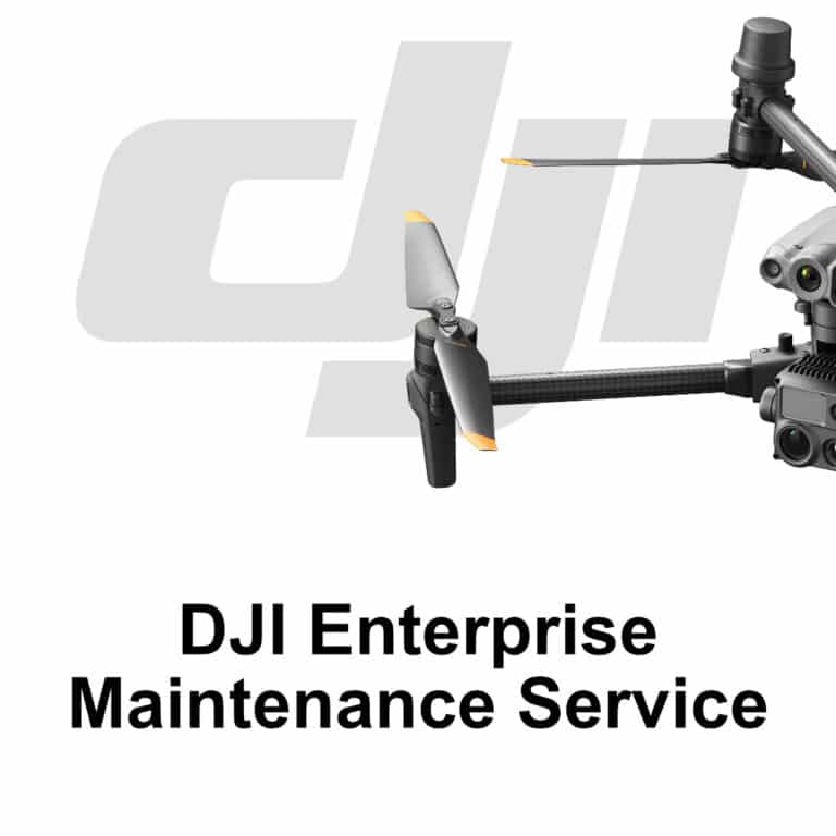 Abbildung des DJI-Logos mit dem Teil einer DJI Matrice 3OT im Vordergrund. Unter dem Logo steht der Titel "DJI Enterprise Maitenance Service".