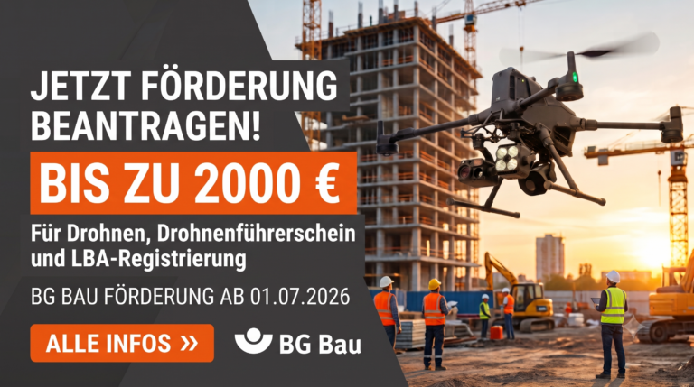 Beitragsbild zur BG Bau Drohnenförderung mit symbolhalfter Darstellung einer Drohne mit einer Baustelle im Hintergrund. Beschriftung: Jetzt Förderung beantragen. Bis zu 2000€. Für Drohnen, Drohnenführerschein und LBA-Registrierung. BG Bau Förderung ab 01.07.2026. Alle Infos. BG Bau